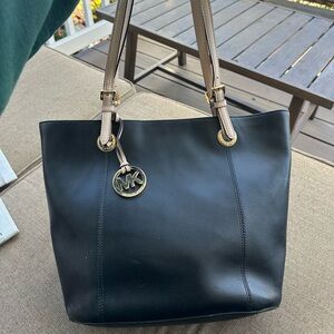 Michael Kors Black and Tan Shoulder Bag with Gold Hardware